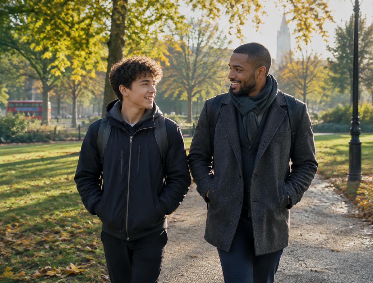 Young person walking with a mentor in a park